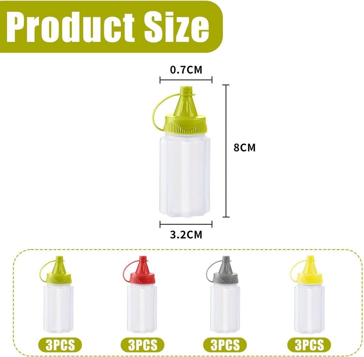 12 pieces - 3.2*3.2*8 cm - sauce bottles - portable sauce bottles - mini sauce bottles - squeeze bottle - ketchup bottle - salad dressing bottle - leak-proof plastic sauce bottles - squeezable sauce containers - kitchen supplies - grey, red, yellow, green