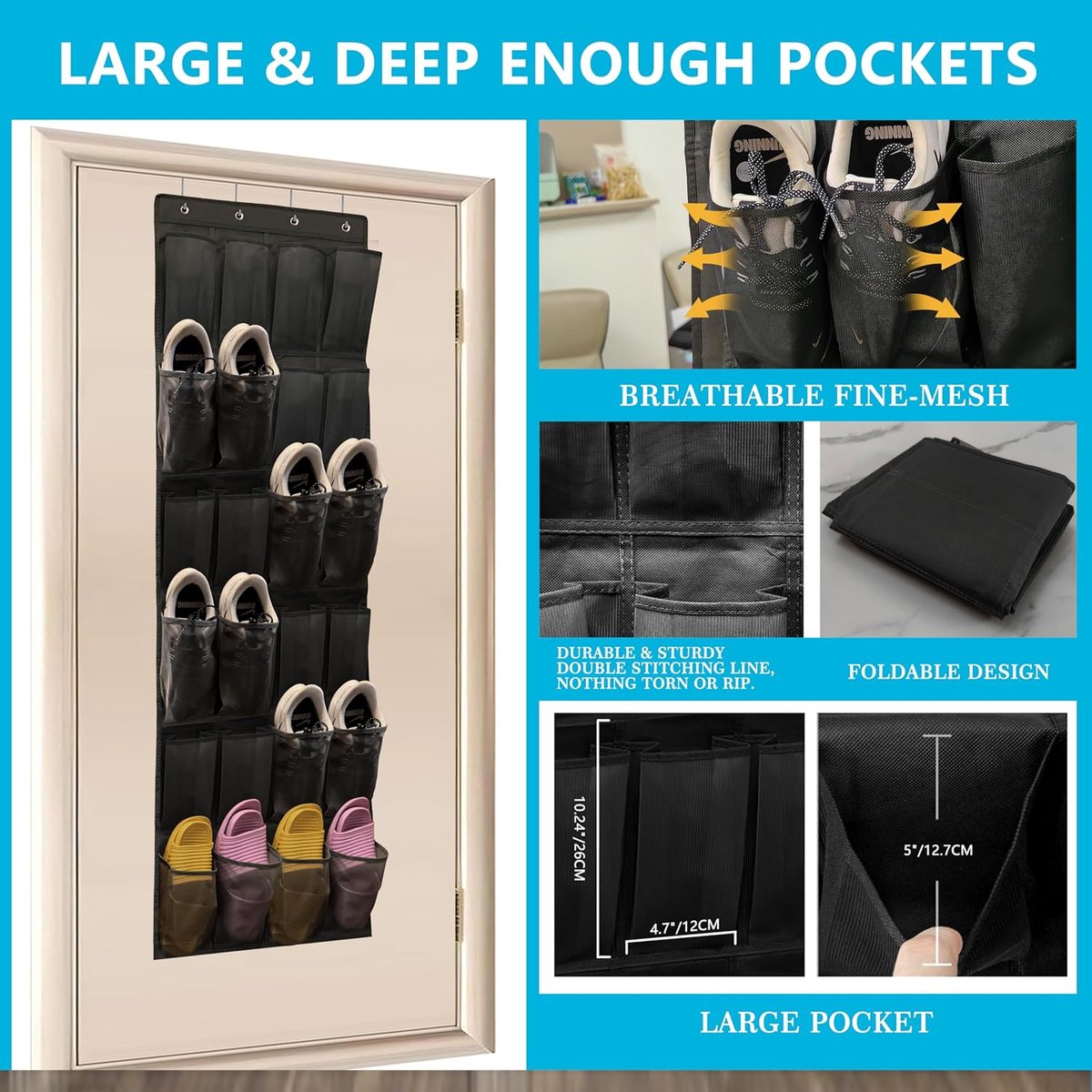 150*56 cm - Over-the-door shoe organizer - Wall compartment - 24 large - breathable mesh pockets - shoe rack - hanging storage - various storage space - breathable over-the-door closet storage, sneakers - black