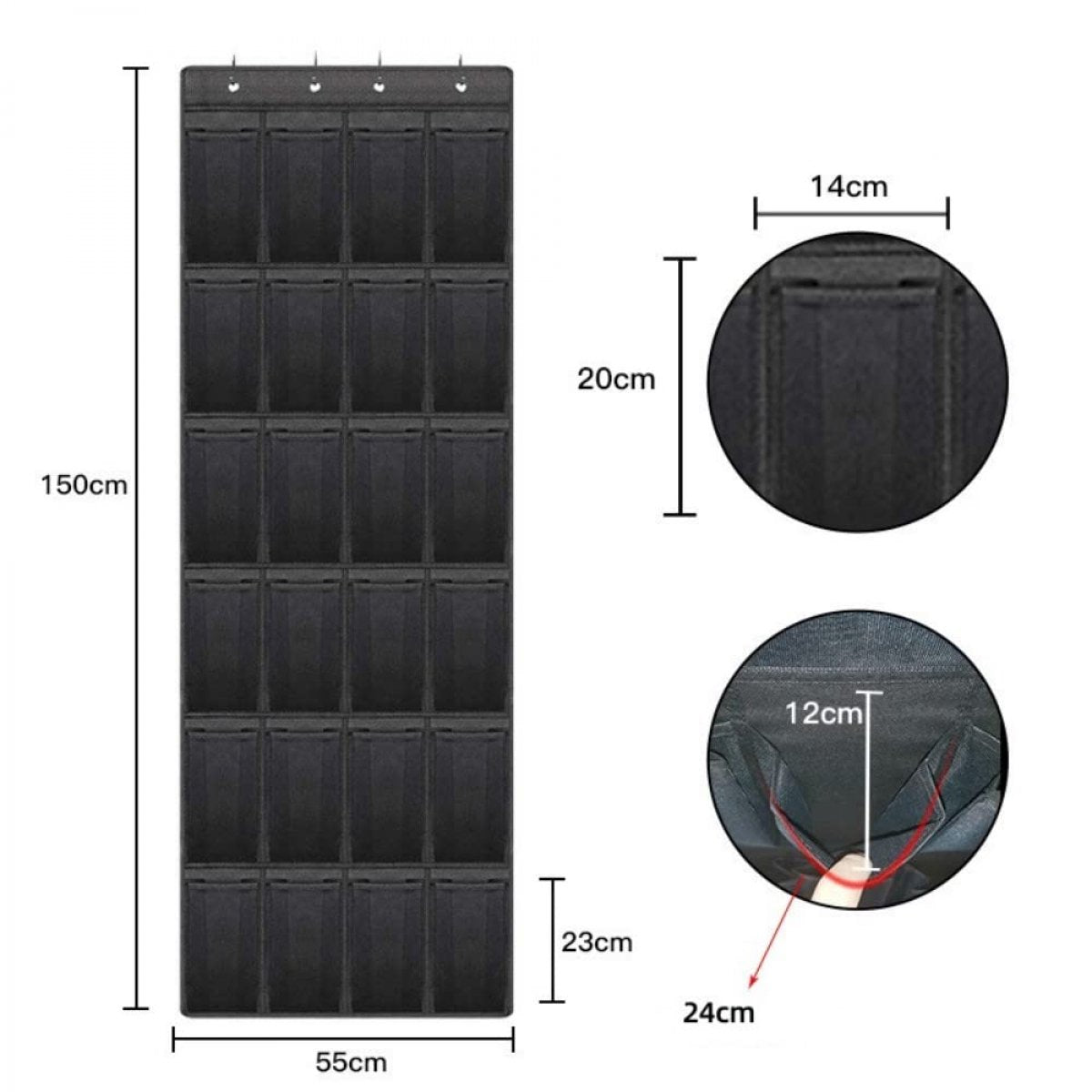 150*56 cm - Over-the-door shoe organizer - Wall compartment - 24 large - breathable mesh pockets - shoe rack - hanging storage - various storage space - breathable over-the-door closet storage, sneakers - black