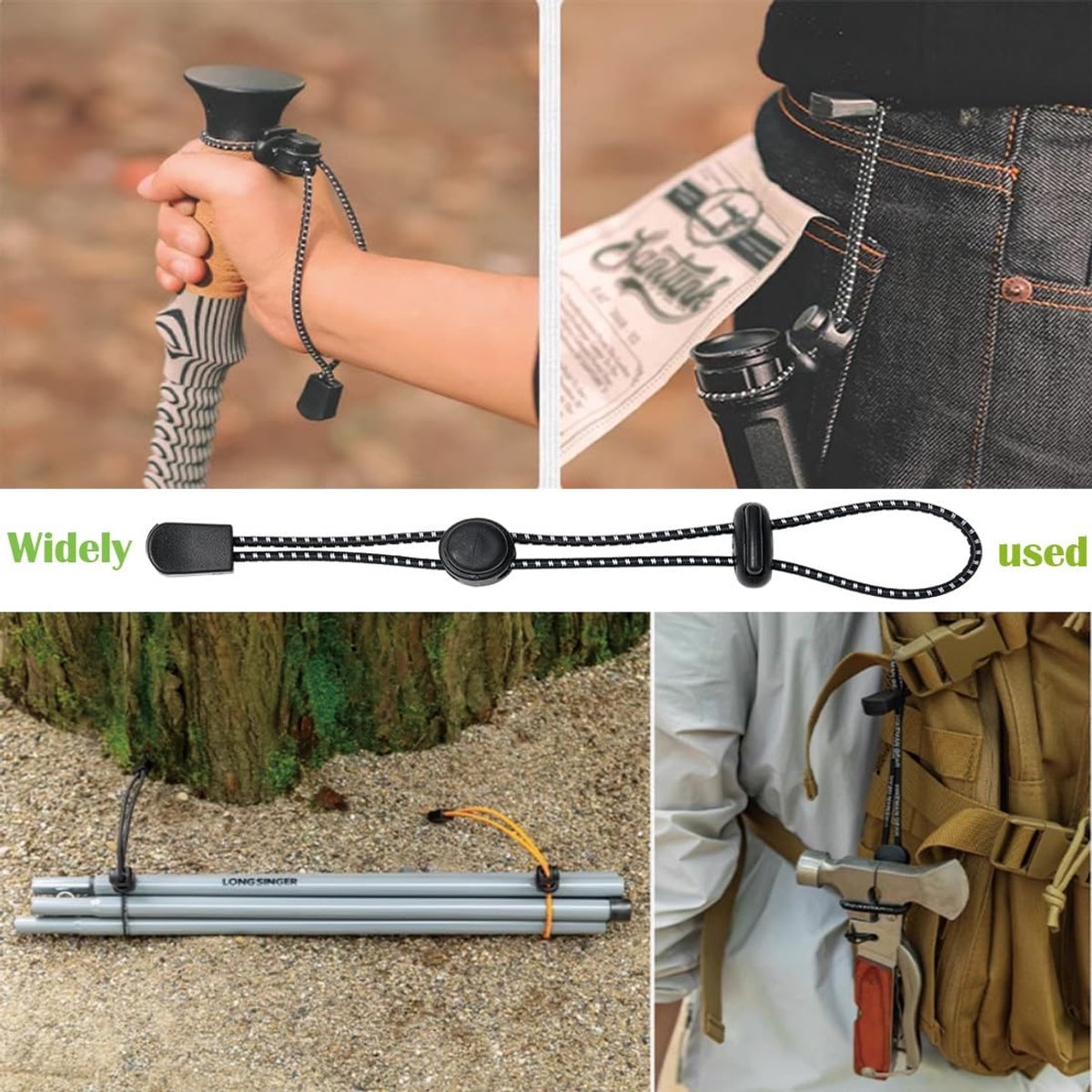 Backpack - trekking pole holders - straps - elastic cord - hiking cord - pole attachment buckle - adjustable trekking poles - for camping, hiking, mountaineering, tactical bag accessories - 10 pieces