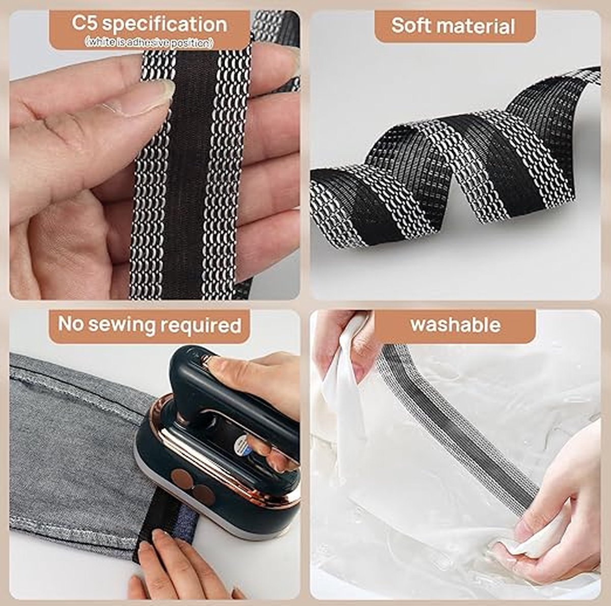 Iron-on tape - Shorten trousers - Shortening hem tape - Black - 5 meters