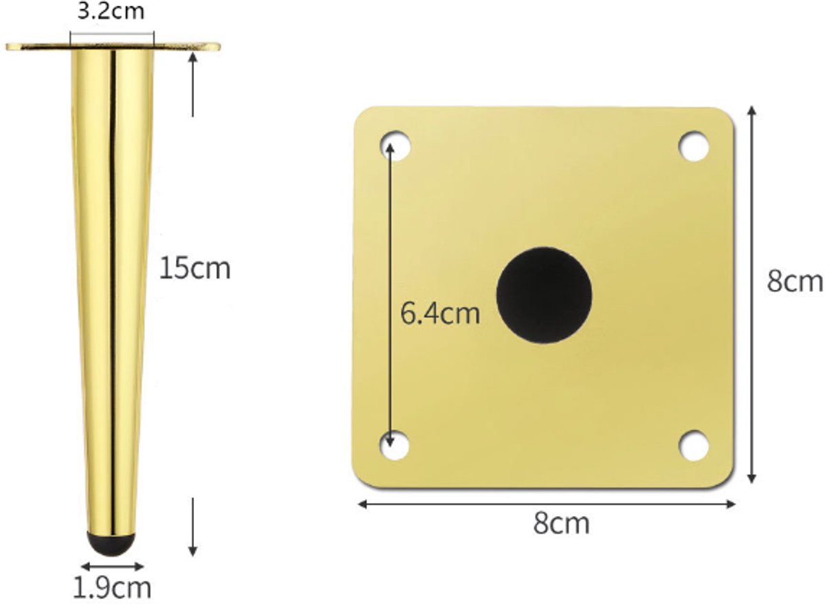 Furniture legs - 4 pieces - 15 cm - Table legs - Furniture leg - Sofa leg - Furniture legs - Cabinet legs - Furniture leg fittings - Gold - Metal - For cabinet, sofa and table