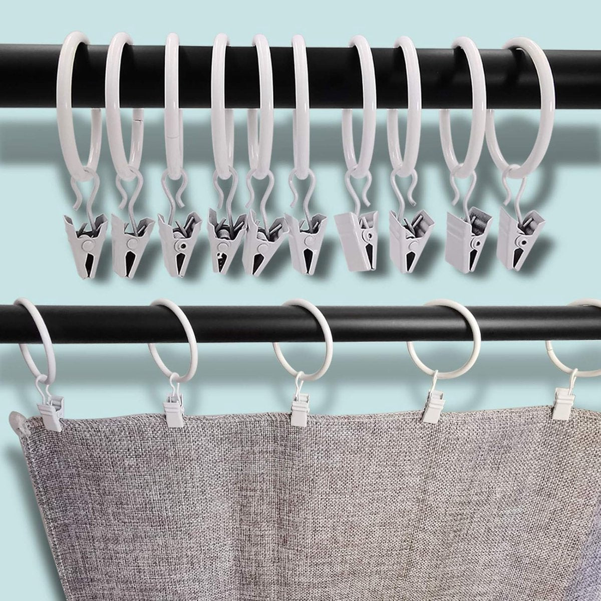 Curtain rings - 45 pieces - Inner diameter 3.8CM - White - Curtain clips for curtain rods - Metal clamps with clip - Hooks for shower curtains, towels, tea towels and dishcloths - Curtain hooks - Curtain hooks