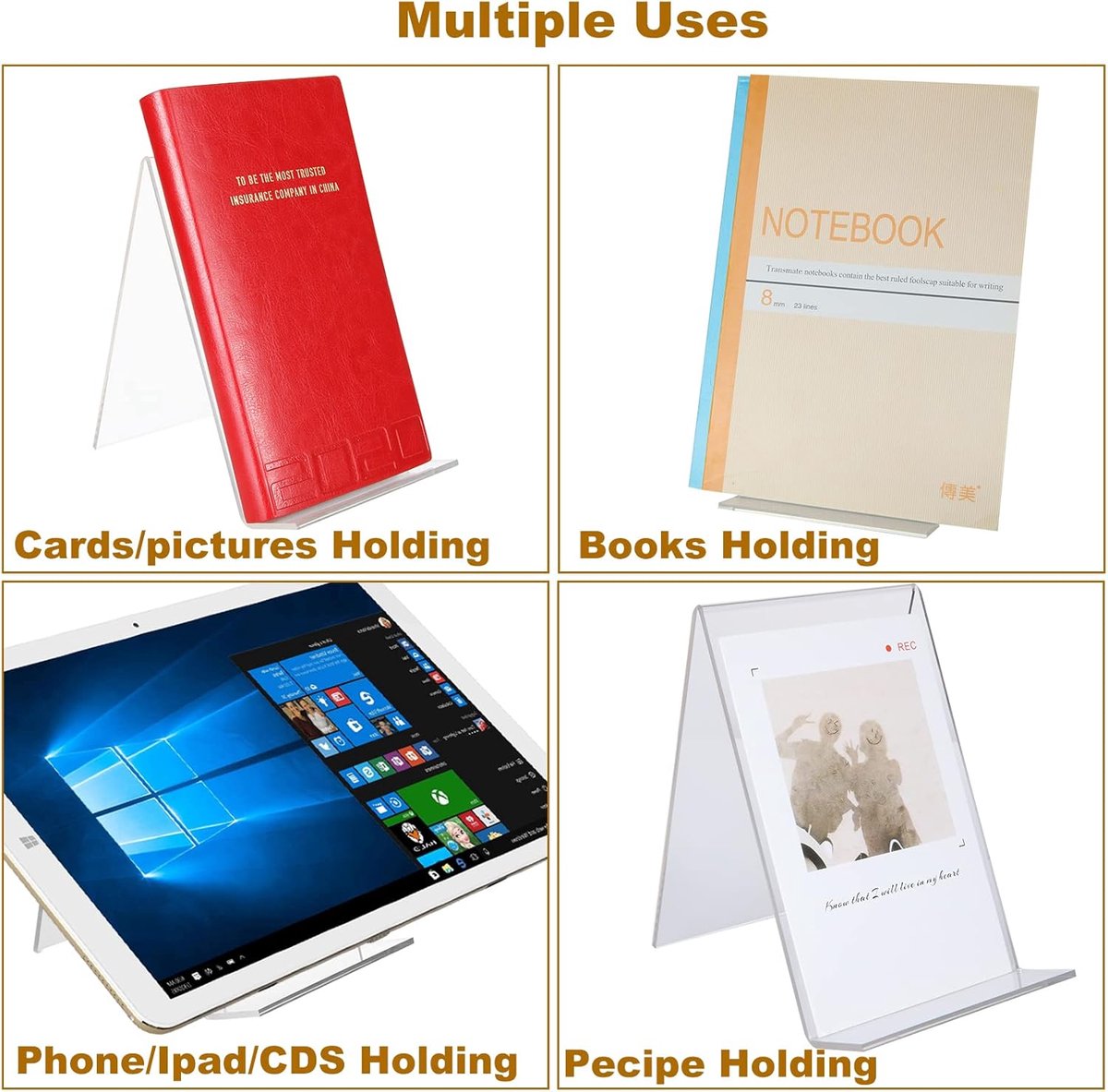 Bookends - 8 Pieces - Plate Holder - Sliding Stand - Phone Holder - Business Card Holder - Book Stand - Durable - Adjustable - Transparent - For Books, Cookbooks, Magazines, Postcards, Artwork - Acrylic - 10*11.5*13cm