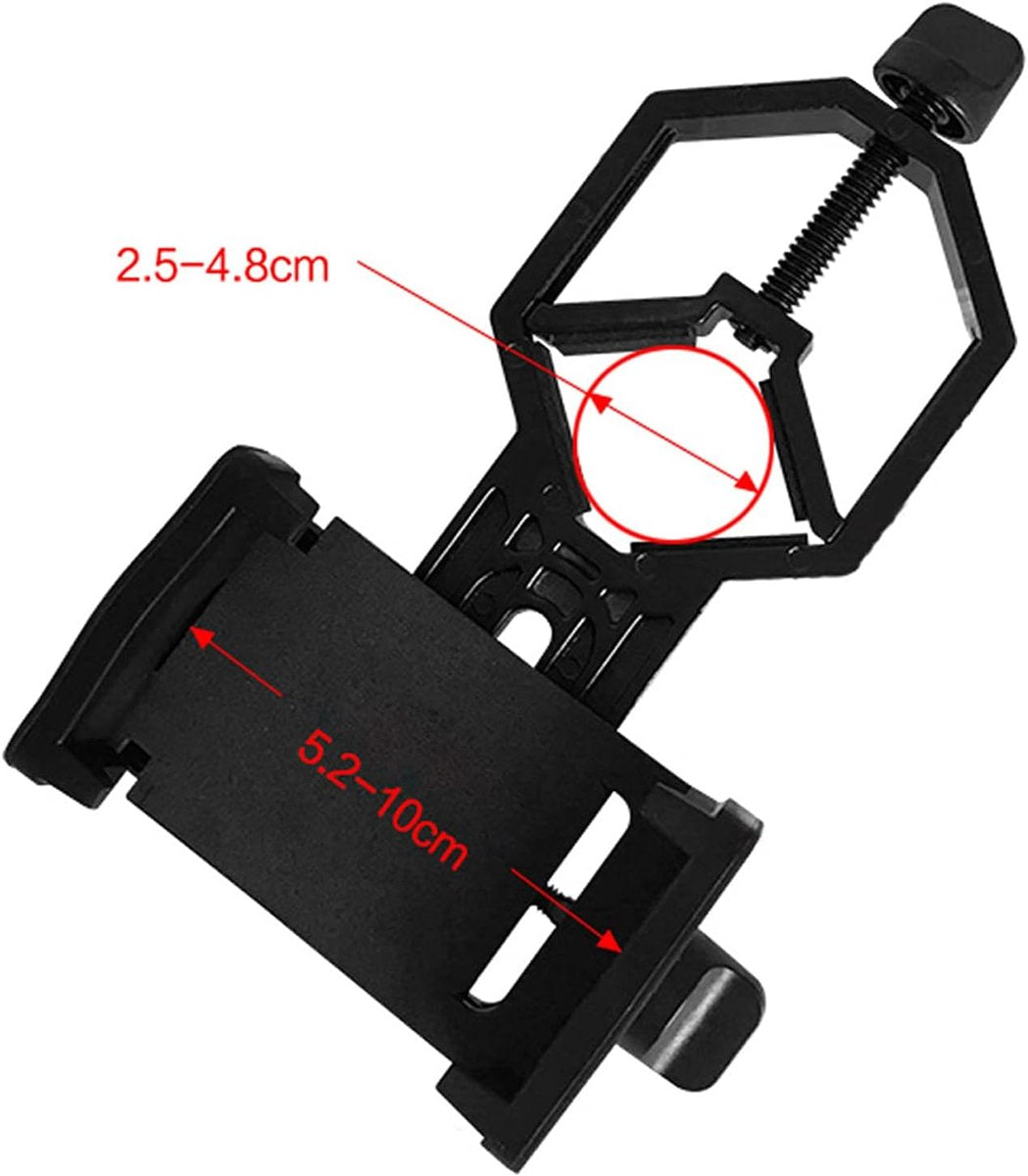 Universal Phone Holder for Telescope - For Eyepiece Diameter Ø 2.5 - 4.8cm - Mobile Phone Adapter Mount - Clip-on Design - For Spotter's Binoculars / Telescope - Adjustable - Black - ABS and Aluminum Alloy