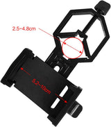 Universal Phone Holder for Telescope - For Eyepiece Diameter Ø 2.5 - 4.8cm - Mobile Phone Adapter Mount - Clip-on Design - For Spotter's Binoculars / Telescope - Adjustable - Black - ABS and Aluminum Alloy