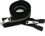 Zipper - Pack of 2 - Two-way zipper - Double slider - Divisible - Silver teeth - Black, silver - No. 5 70 cm - For jackets and coats
