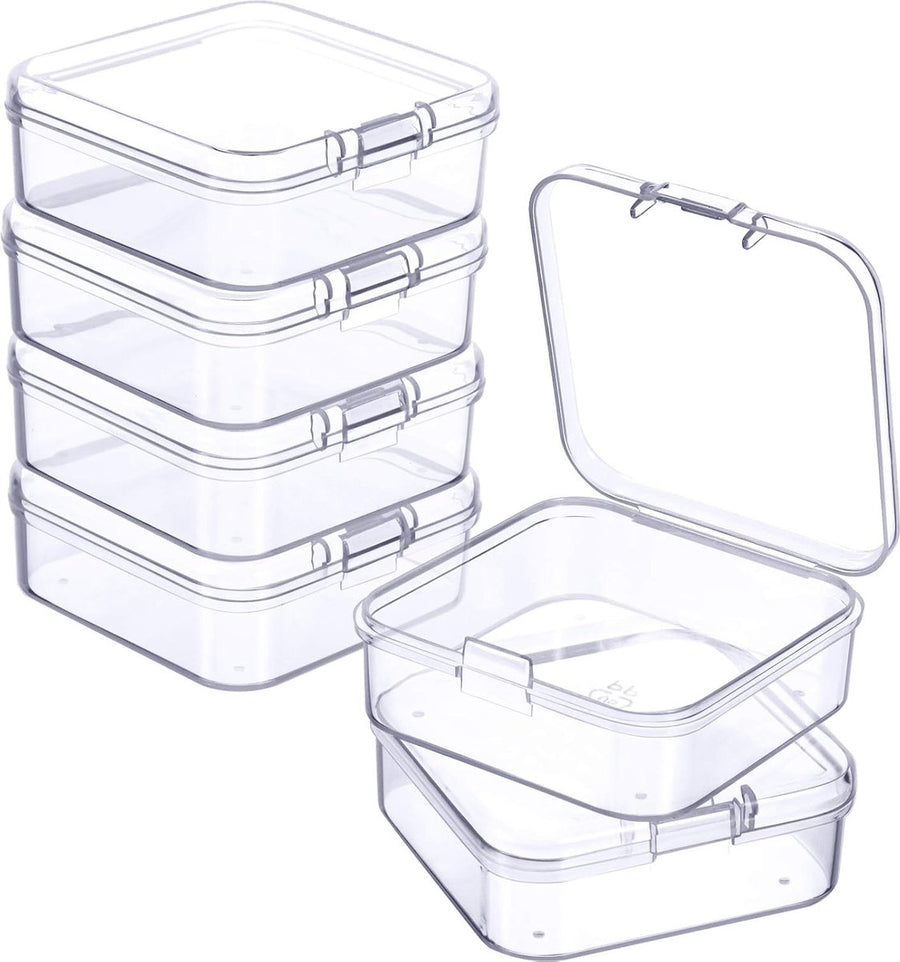 6 Pieces - Small Clear Plastic Storage Box Containers with Hinged Lids - L 5.5 x W 5.5 x H 2cm - Mini Boxes for Pills, Beads, Jewelry & Hobby Items - Stackable Mini Tubs - Transparent