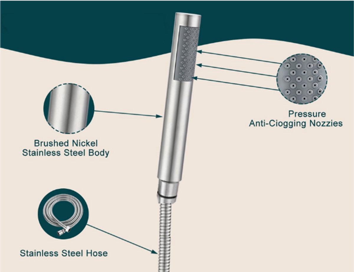 Shower head with 1.5m hose - Hand shower - Universal - Water saving - High pressure - Anti-kink hose - Brushed silver - Stainless steel and ABS - 19*3 cm - 1/2" thread