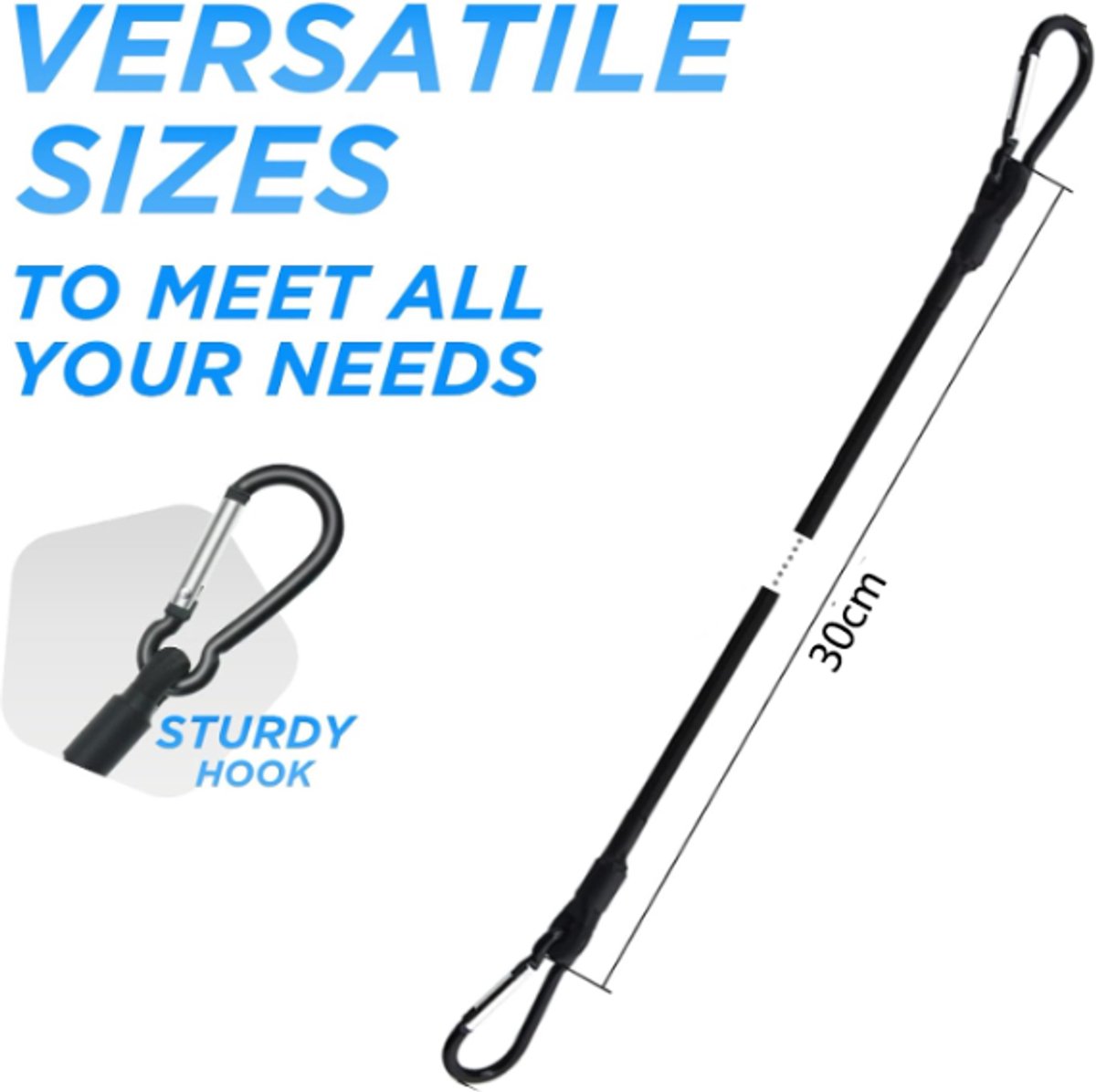 pieces - Elastic with carabiner - Rope Length 30 CM - black - Rope Diameter 6MM - Polypropylene yarn + latex silk - For securing sails, luggage, tents and bicycles