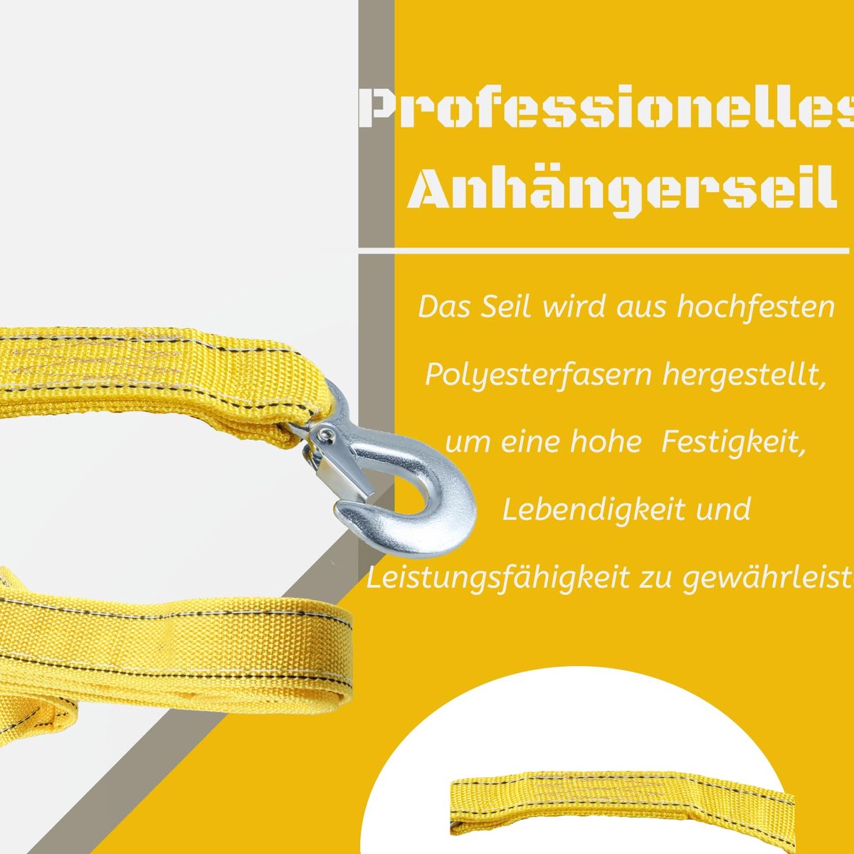 Tow rope Tow strap Tow rope car - 4 m 5000KG - nylon and steel - yellow