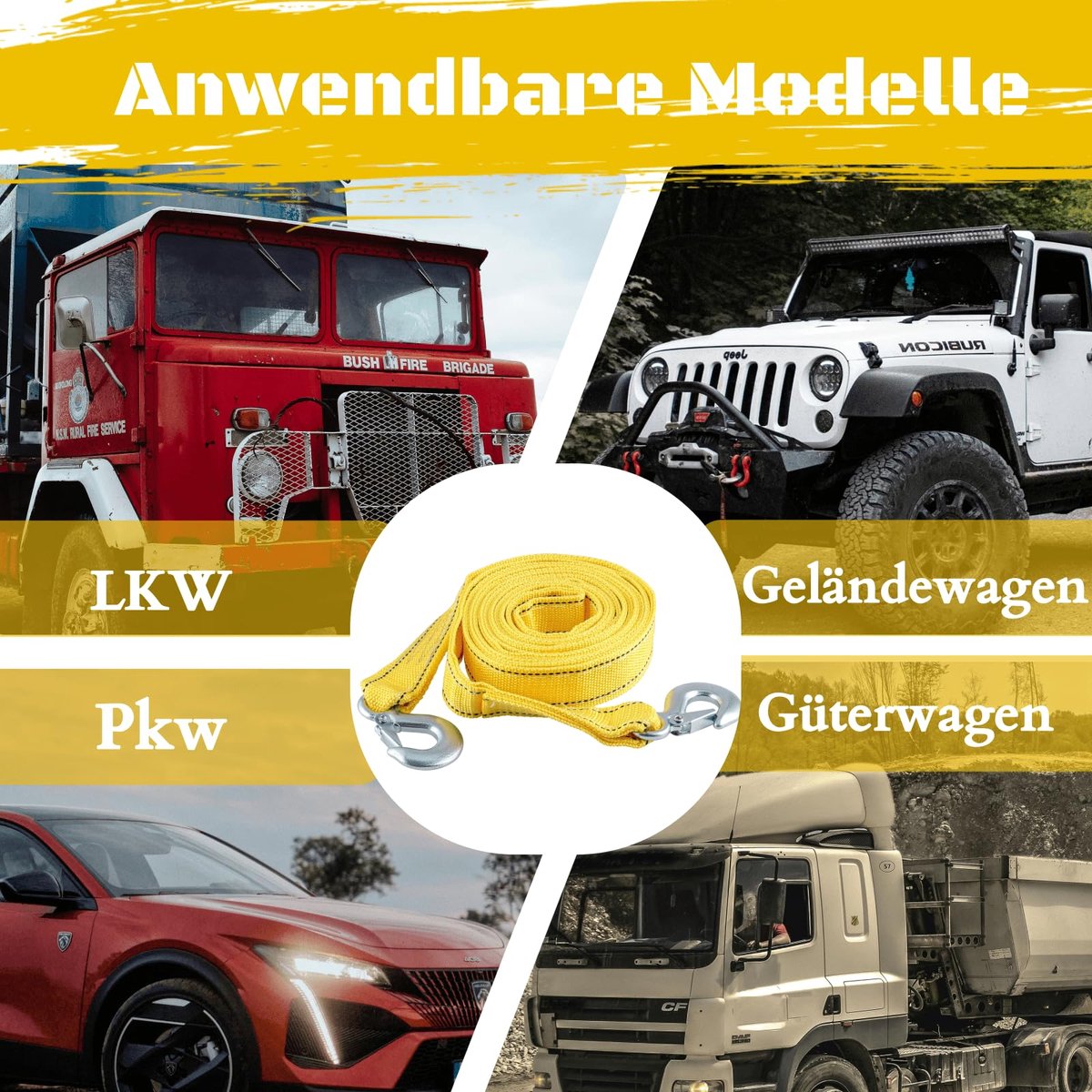 Tow rope Tow strap Tow rope car - 4 m 5000KG - nylon and steel - yellow
