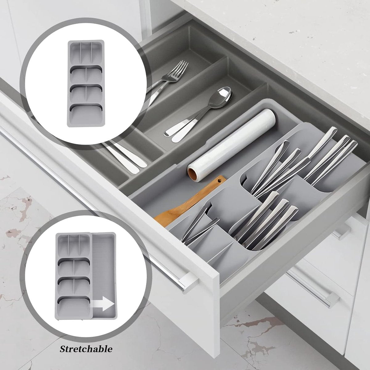 2 in 1 Storage Box - Cutlery Organizer - Cutlery Tray - Drawer Organizer - Multifunctional Cutlery Tray - Pull-out Cutlery Tray - Cutlery Tray Drawer Divider - Small Cutlery Tray for Kitchen - Storage Bins for Cutlery Storage - Gray - PP - 40.5*16.5*5.5cm