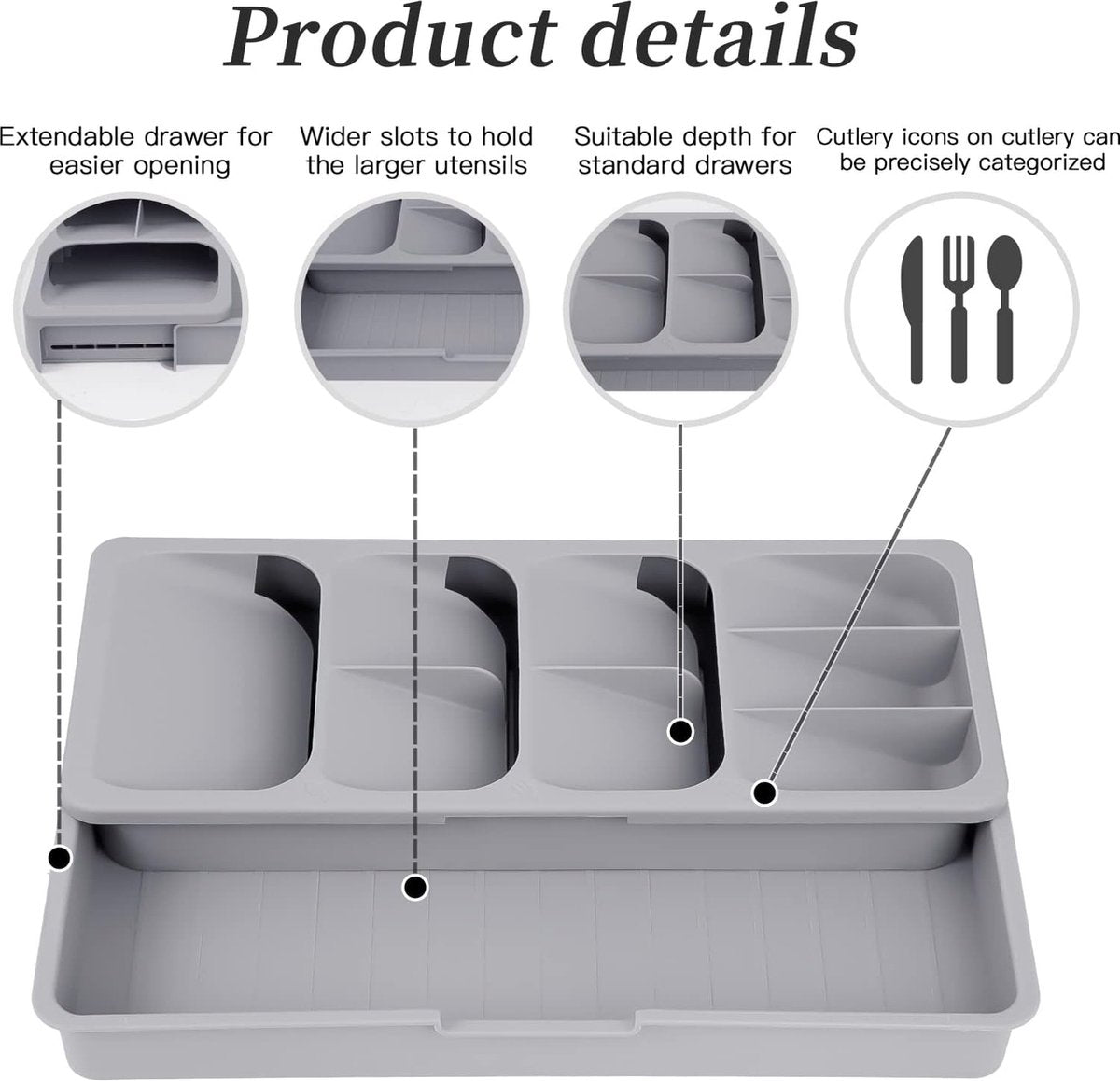 2 in 1 Storage Box - Cutlery Organizer - Cutlery Tray - Drawer Organizer - Multifunctional Cutlery Tray - Pull-out Cutlery Tray - Cutlery Tray Drawer Divider - Small Cutlery Tray for Kitchen - Storage Bins for Cutlery Storage - Gray - PP - 40.5*16.5*5.5cm