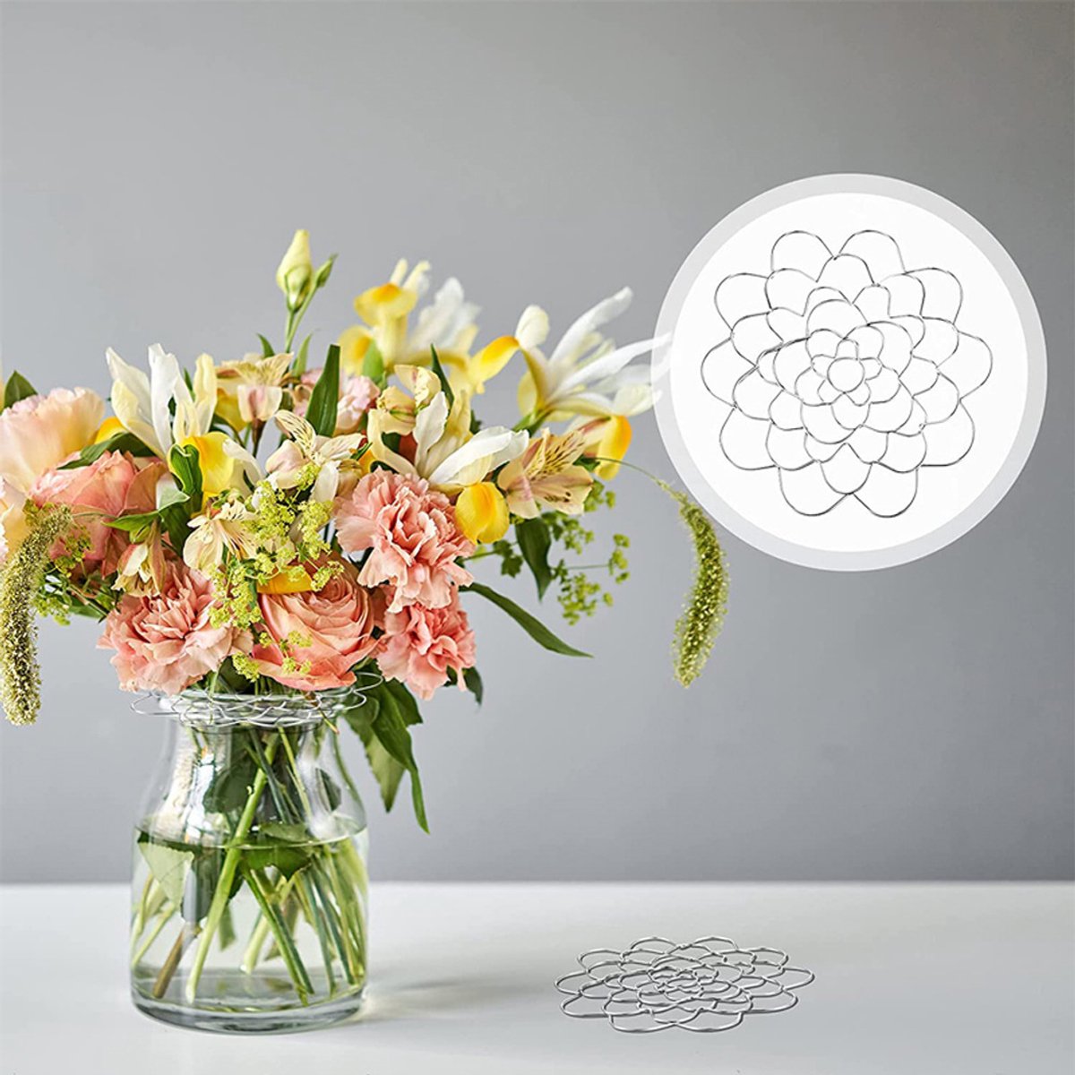Flower Arrangement Holder Set - 2 Pieces - Flower Stand - Stainless Steel - Metal Wire Flower Arranger - Reusable - Flower Arranging Tool - Flower Grid Organizer - Suitable for Vases, Flower Stems and Bouquets - 15cm - Silver