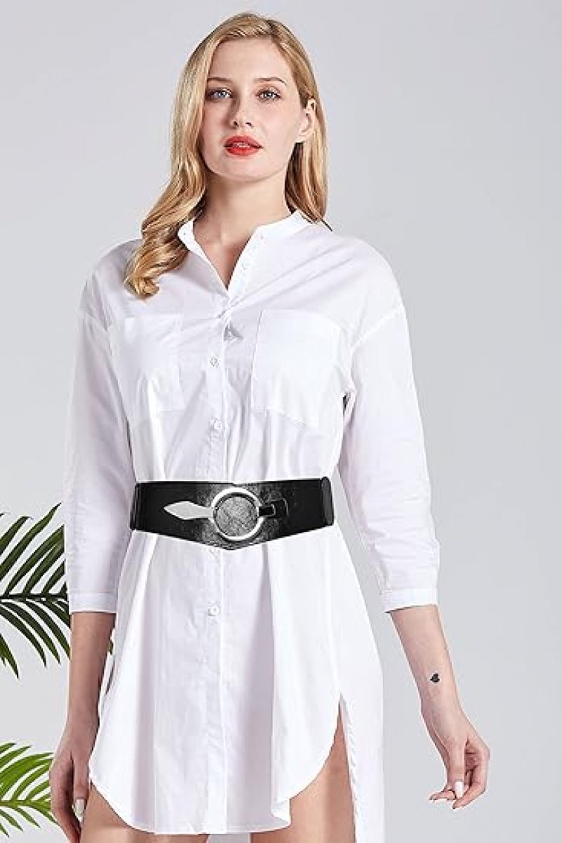 Wide Women's Belt - Women's Belt - Waistband - Belt - Elastic Cinch Belt - Black - Leather - Double Ring Buckle - Dress Accessory - Fashion Crochet Belt - Length: 80-95 cm, Width: 6 cm - for dresses coats