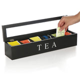 Tea box - Tea box 6 compartments - Wooden tea box - Suitable for loose tea - Black - Front View