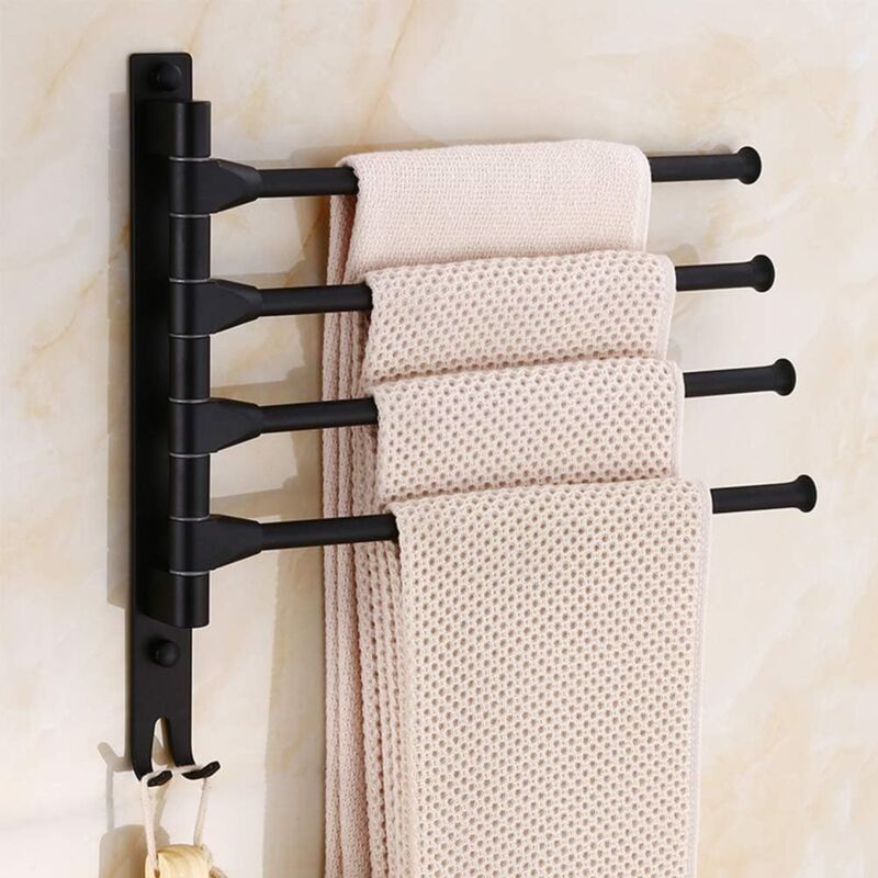 Swivel towel rack wall mounted bathroom towel holder rotating rack space saving 4 arms black