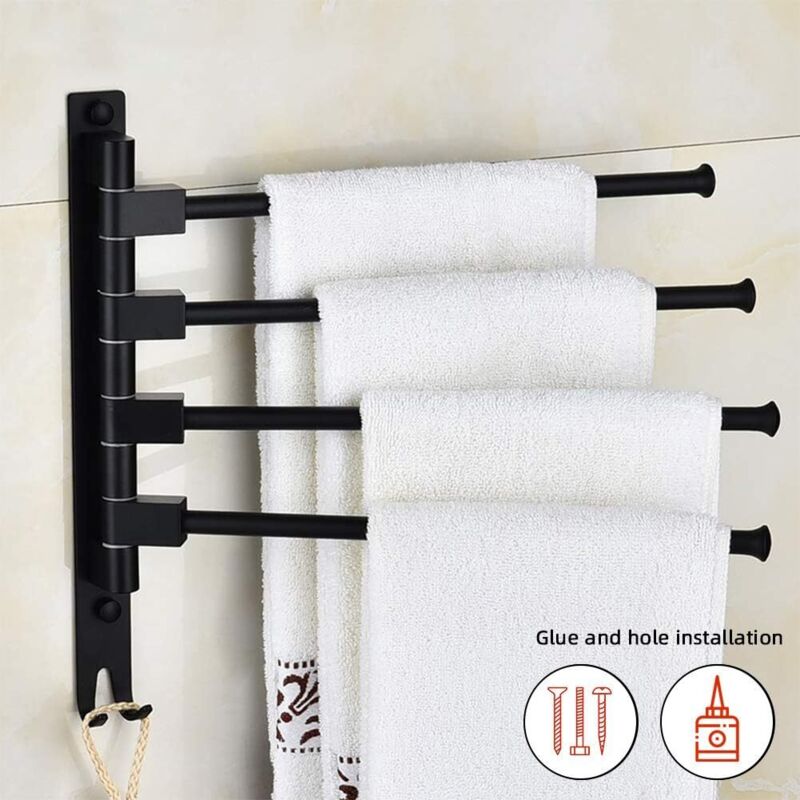 Swivel towel rack wall mounted bathroom towel holder rotating rack space saving 4 arms black