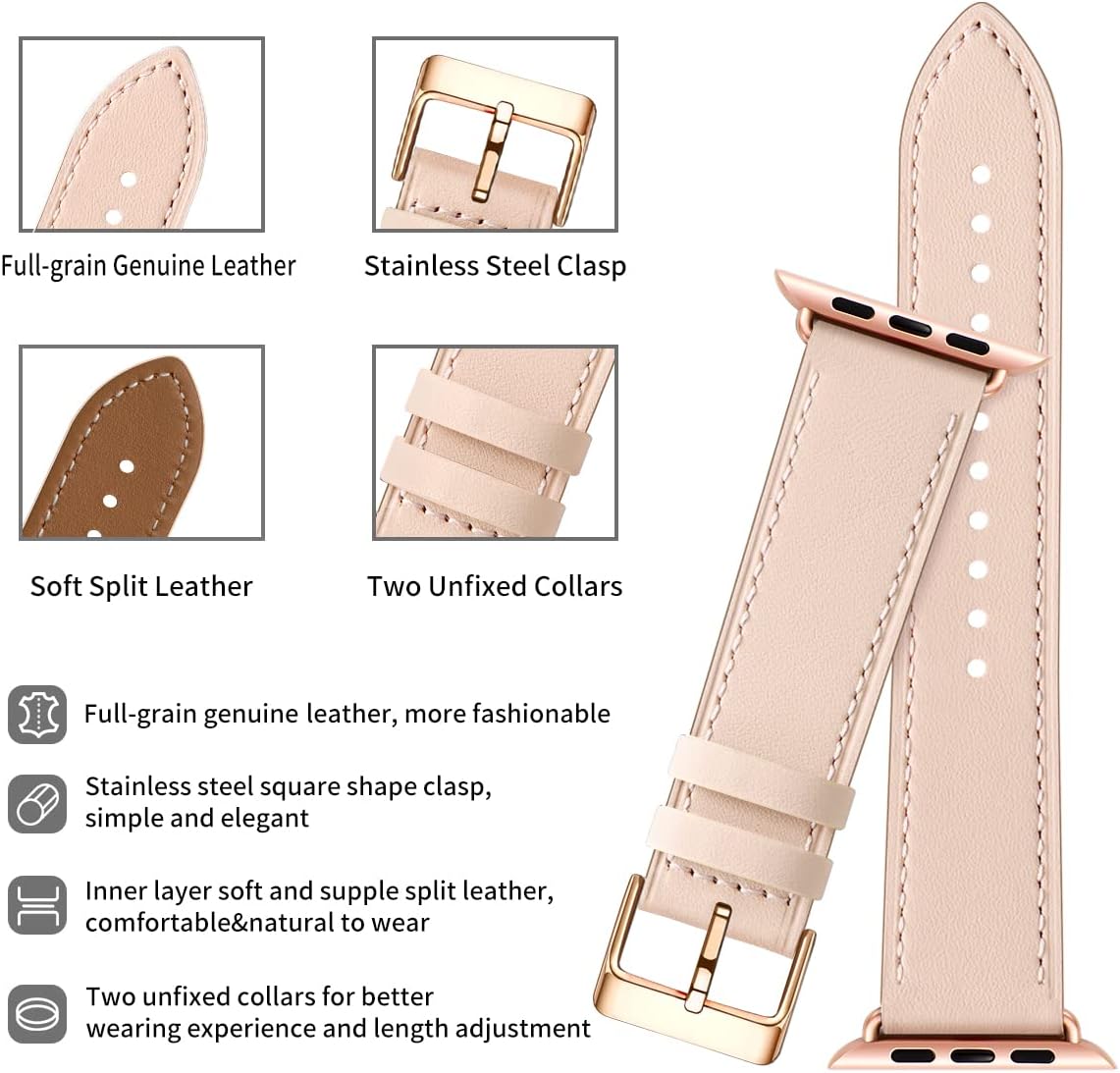 Compatible with Apple Watch Leather Replacement Band Genuine Leather Apple Watch Series 9 8 7 6 5 4 3 2 1 SE Ultra 38mm 40mm 41mm Rose Gold Pink