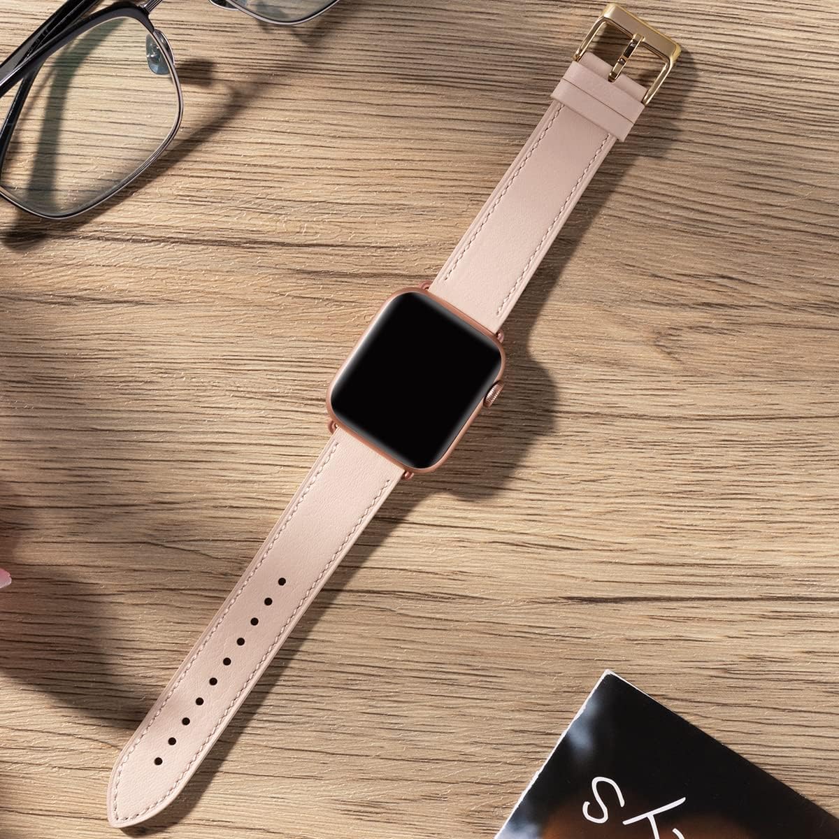 Compatible with Apple Watch Leather Replacement Band Genuine Leather Apple Watch Series 9 8 7 6 5 4 3 2 1 SE Ultra 38mm 40mm 41mm Rose Gold Pink