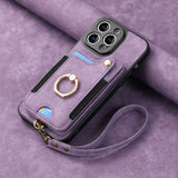 Suitable for iPhone mobile phone leather case RFID anti-theft brush ring buckle lanyard multifunctional card case Light Purple [With Leather Strap] Light Purple [With Leather Lanyard]] iPhone 15