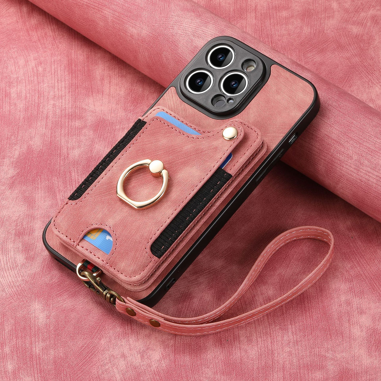 Suitable for iPhone mobile phone leather case RFID anti-theft brush ring buckle lanyard multifunctional card case Light Purple [With Leather Strap] Light Purple [With Leather Lanyard]] iPhone 15