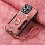 Suitable for iPhone mobile phone leather case RFID anti-theft brush ring buckle lanyard multifunctional card case Light Purple [With Leather Strap] Light Purple [With Leather Lanyard]] iPhone 15 - Extra Image
