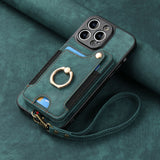 Suitable for iPhone mobile phone leather case RFID anti-theft brush ring buckle lanyard multifunctional card case Light Purple [With Leather Strap] Light Purple [With Leather Lanyard]] iPhone 15