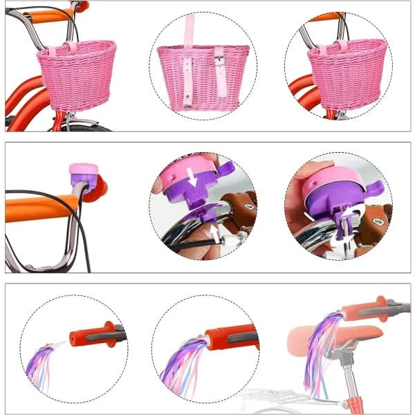 Pink Purple Children's Bicycle Basket with Adjustable Front Straps