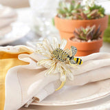Set of 12 Daisies and Sunflowers Napkin Rings, Gold Napkin Ring Holders with Bees for Formal or Casual Dining - Side View