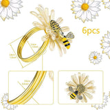 Set of 12 Daisies and Sunflowers Napkin Rings, Gold Napkin Ring Holders with Bees for Formal or Casual Dining - Top-Down View