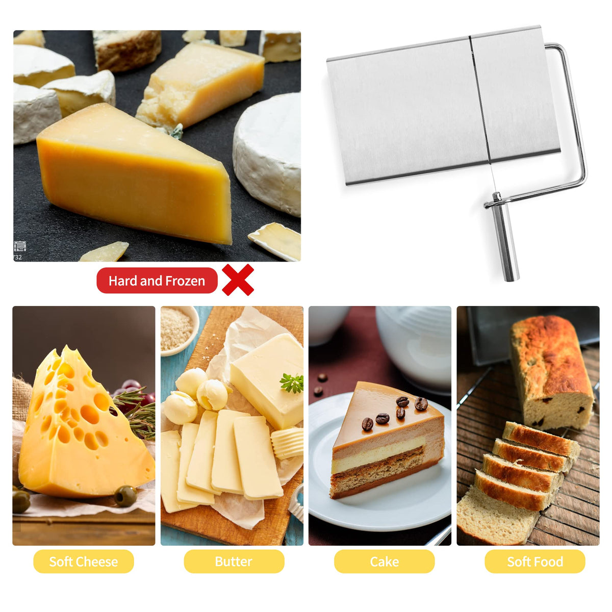 Cheese cutter with wire, cheese cutter for block cheese with 6 replacement wires, stainless steel cheese cutter