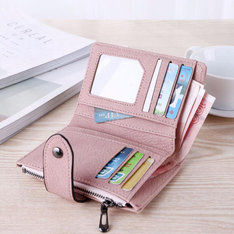 Leather Card Holder Wallet for Women Foldable Small Black Wallet