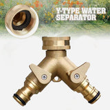 2-way brass tap connector, with single valves, yellow - Top-Down View