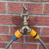 2-way brass tap connector, with single valves, yellow - 45-Degree Angle