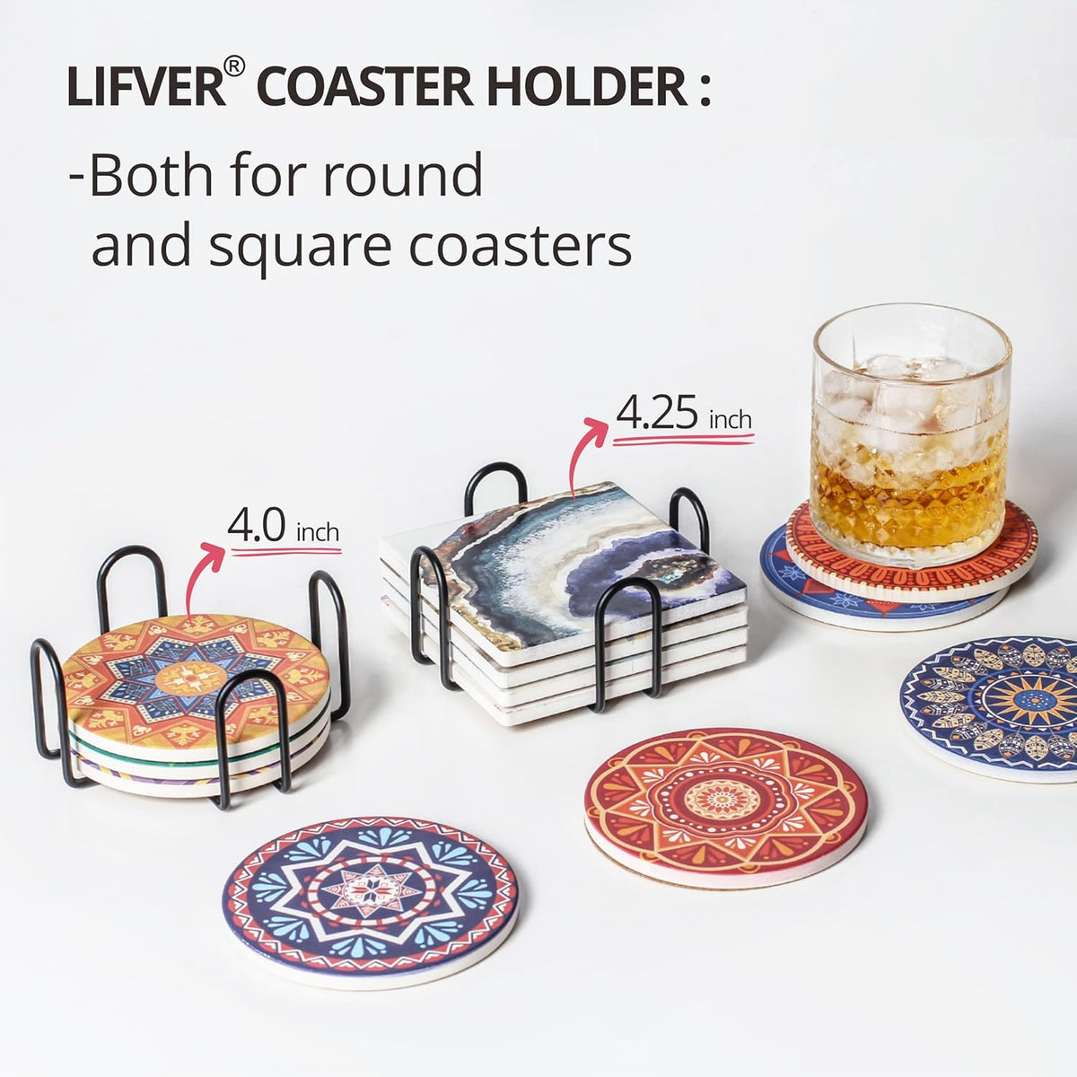 Minimalist Black Iron Coaster Holder Compatible with Round and Square Coasters