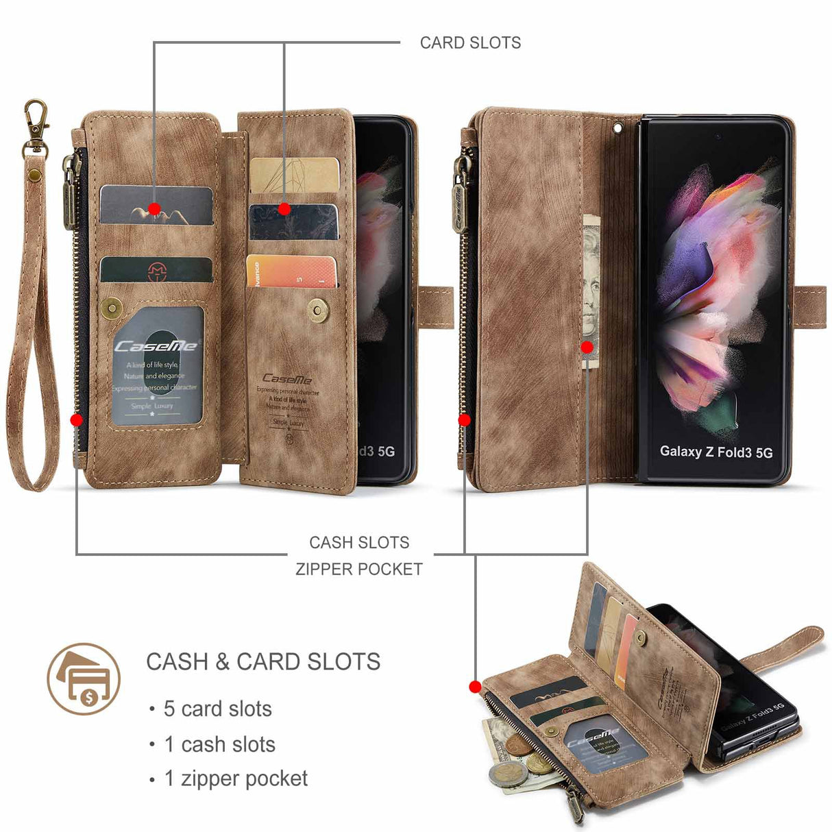 Compatible with Samsung Galaxy Z Fold 3 Case, Samsung, Retro Wallet Design, Card Slots, Magnetic Stand \u0026 Strap