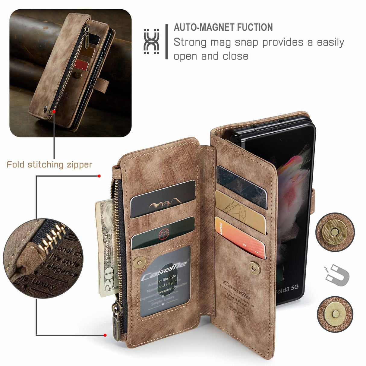 Compatible with Samsung Galaxy Z Fold 3 Case, Samsung, Retro Wallet Design, Card Slots, Magnetic Stand \u0026 Strap