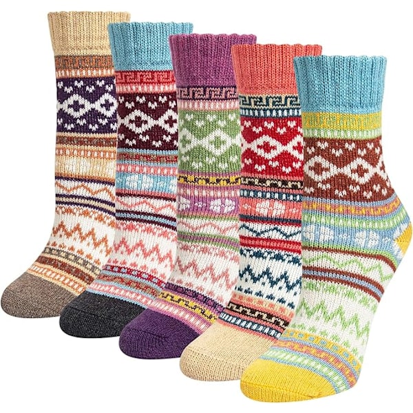 5 Pairs of Women's Merino Wool Socks, Thicker Thermal Knitting, Women's Socks for Hiking, Backpacking, Climbing, Winter (Red/Brown/Green/Blue/Dark Blue)
