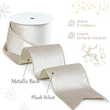 Champagne Velvet Wired Ribbon with Glitter Back 4 Inch Ivory and Gold Christmas Wired Ribbon for Christmas Tree Decorations, Gift Wrapping, Mantel, Wreaths Supplies, Topper Bows (10 Yards) - Front View