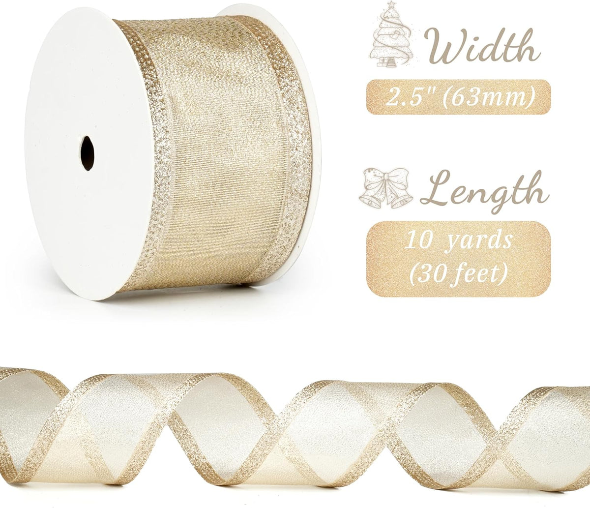 Champagne Christmas Ribbon Wired 2.5 Inch Champagne Gold Metallic Wired Ribbon with Glitter Stripe, Ribbon for Christmas Tree, Wreaths Supplies, Swag, Garland, Holiday Decor - 10 Yards
