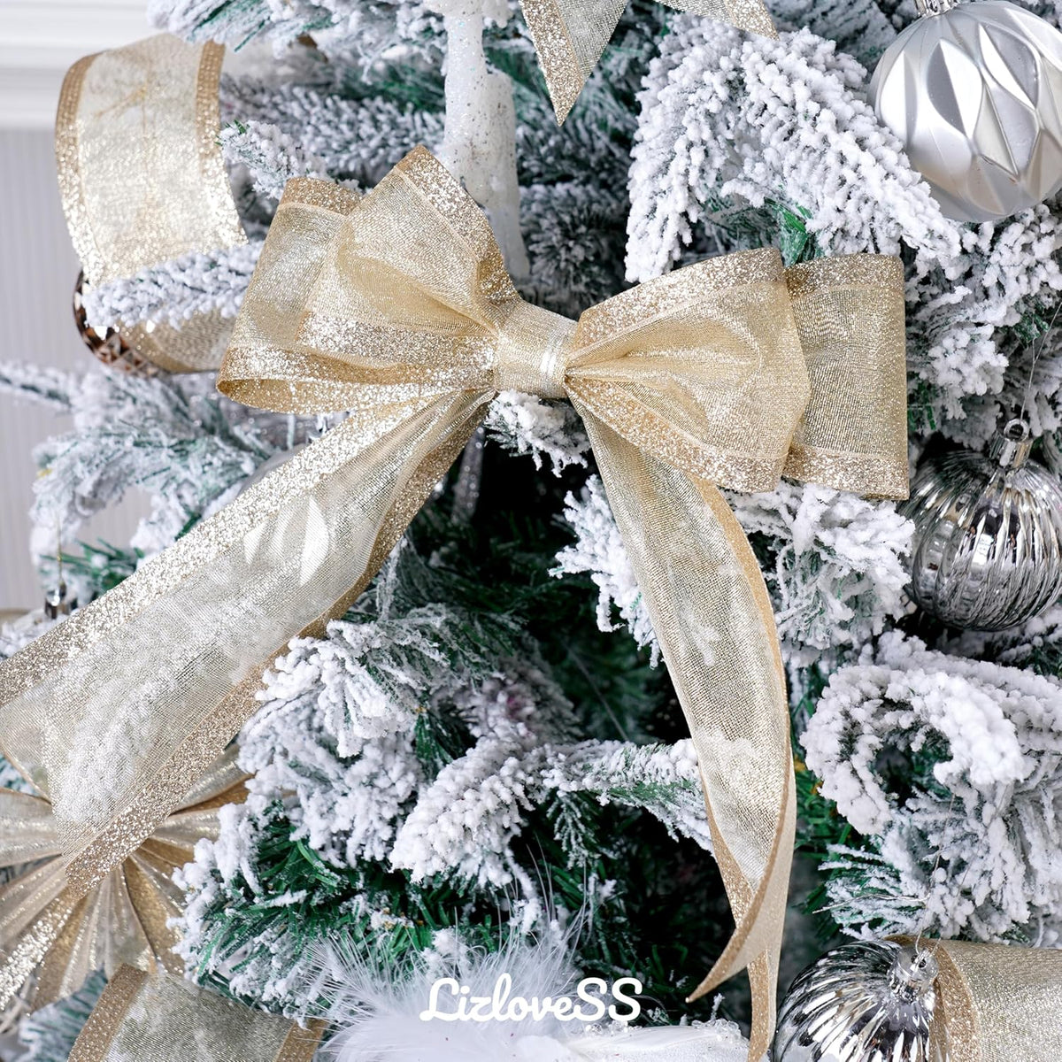 Champagne Christmas Ribbon Wired 2.5 Inch Champagne Gold Metallic Wired Ribbon with Glitter Stripe, Ribbon for Christmas Tree, Wreaths Supplies, Swag, Garland, Holiday Decor - 10 Yards