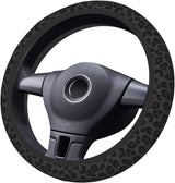 Black Leopard Print Cheetah Elastic Steering Wheel Cover, Non-Slip Breathable Neoprene Steering Wheel Covers, Women Leopard Car Accessories, Universal 15 Inch Fit Auto, Suvs, Truck - Front View