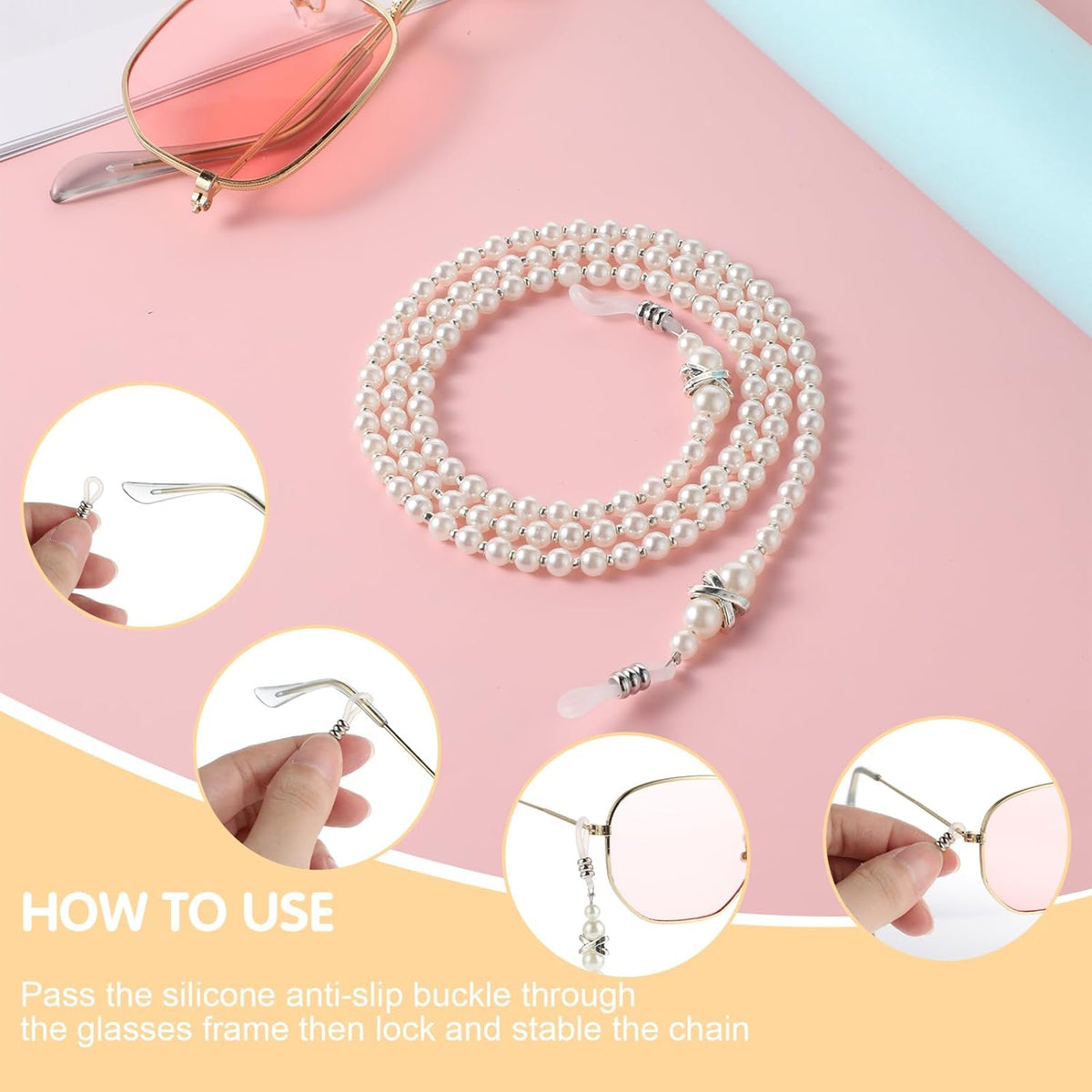 Pearl Eyeglass Chain Anti-slip and Anti-Falling Glasses Chain Eyeglasses String Holder for Women & Girls Sunglasses Mask Necklace Lanyard(White)