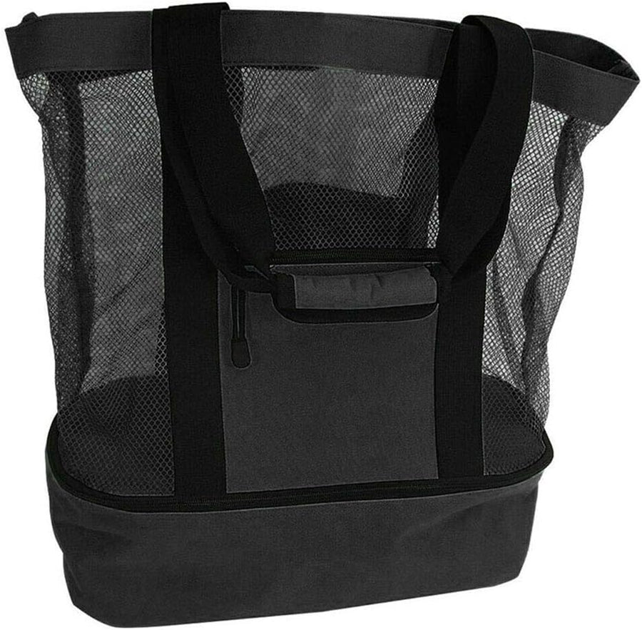 Mesh Beach Tote Bag with Detachable Insulated Beach Cooler Compartment Waterproof Sandproof Picnic Pool Bag, Black, Large