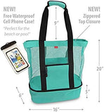 Mesh Beach Tote Bag with Detachable Insulated Beach Cooler Compartment Waterproof Sandproof Picnic Pool Bag, Black, Large