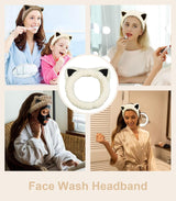 2 Packs Cute Cat Spa Headband for Washing Face Makeup Skincare, Animal Headbands for Women Girls Trendy Stuff Gifts Soft Coral Fleece Facial Wash Hair Accessories (Beige+ Khaki) - Side View
