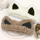 2 Packs Cute Cat Spa Headband for Washing Face Makeup Skincare, Animal Headbands for Women Girls Trendy Stuff Gifts Soft Coral Fleece Facial Wash Hair Accessories (Beige+ Khaki) - Top-Down View