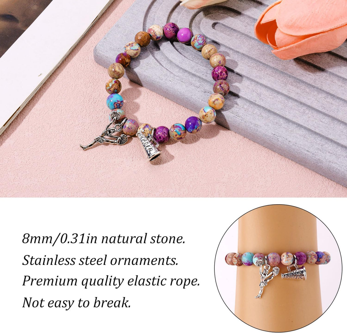Cheer Bracelet, Imperial Stone Cheerleading Bracelet with Encouragement Card Charming Cheerleader Gifts Elegant Smooth Cheer Stuff with Cheerleader Jewelry Pendant